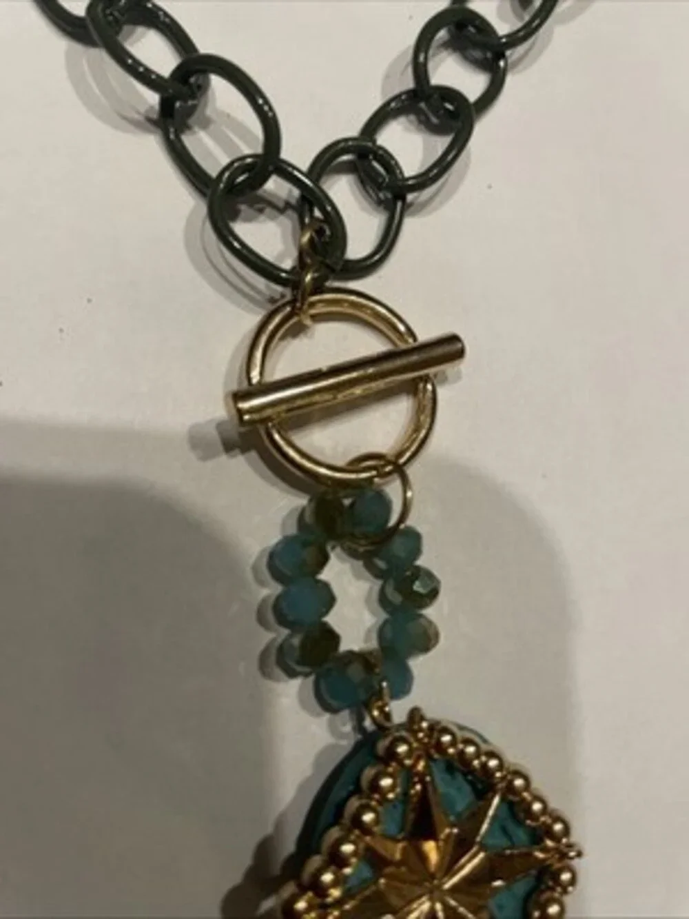 Chunky Gunmetal Chain Toggle Necklace Gold Starburst Turquoise Bead Pendant
